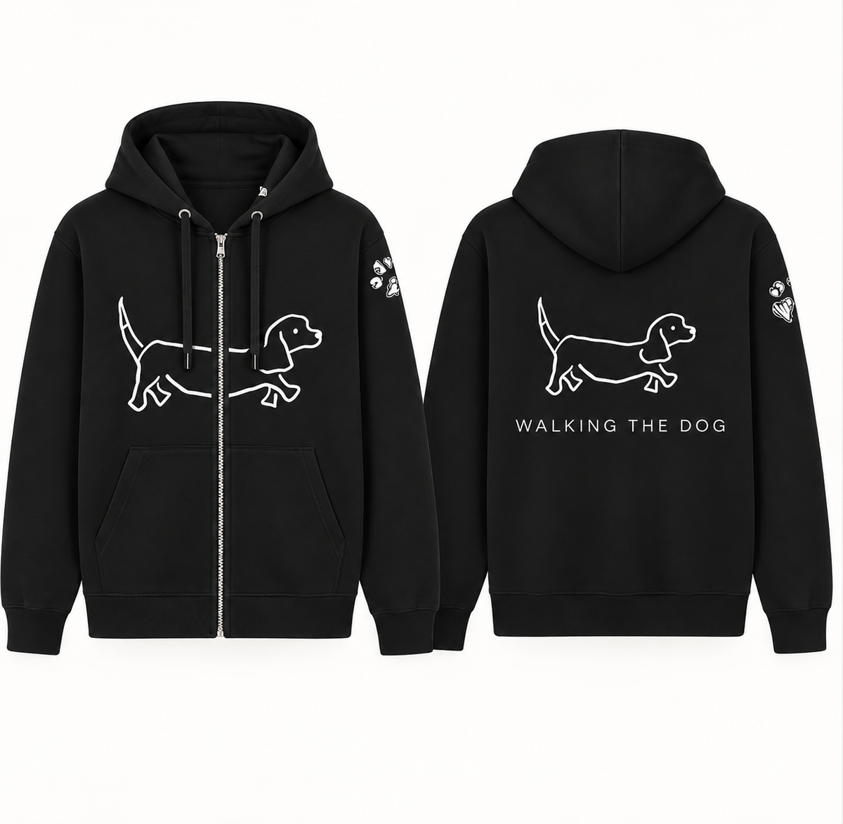 Ready To Wear WALKING THE DOG Full-Zip Hoodie — Front & Back | Paw Print Option