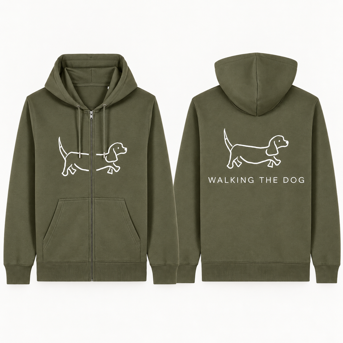 Ready To Wear WALKING THE DOG Full-Zip Hoodie — Front & Back | Paw Print Option