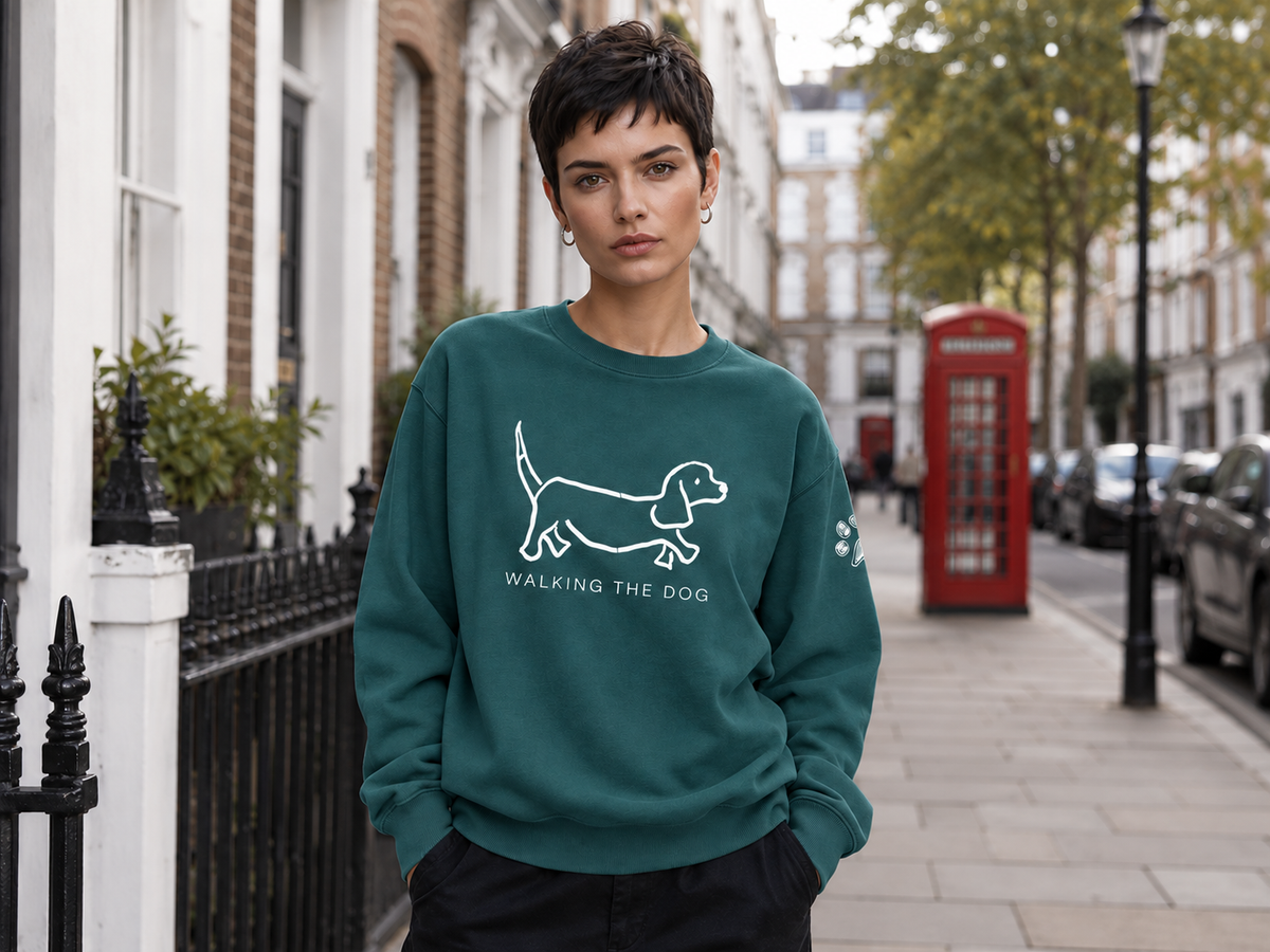 WALKING THE DOG Crew Sweatshirt — Front Artwork & Paw Sleeve