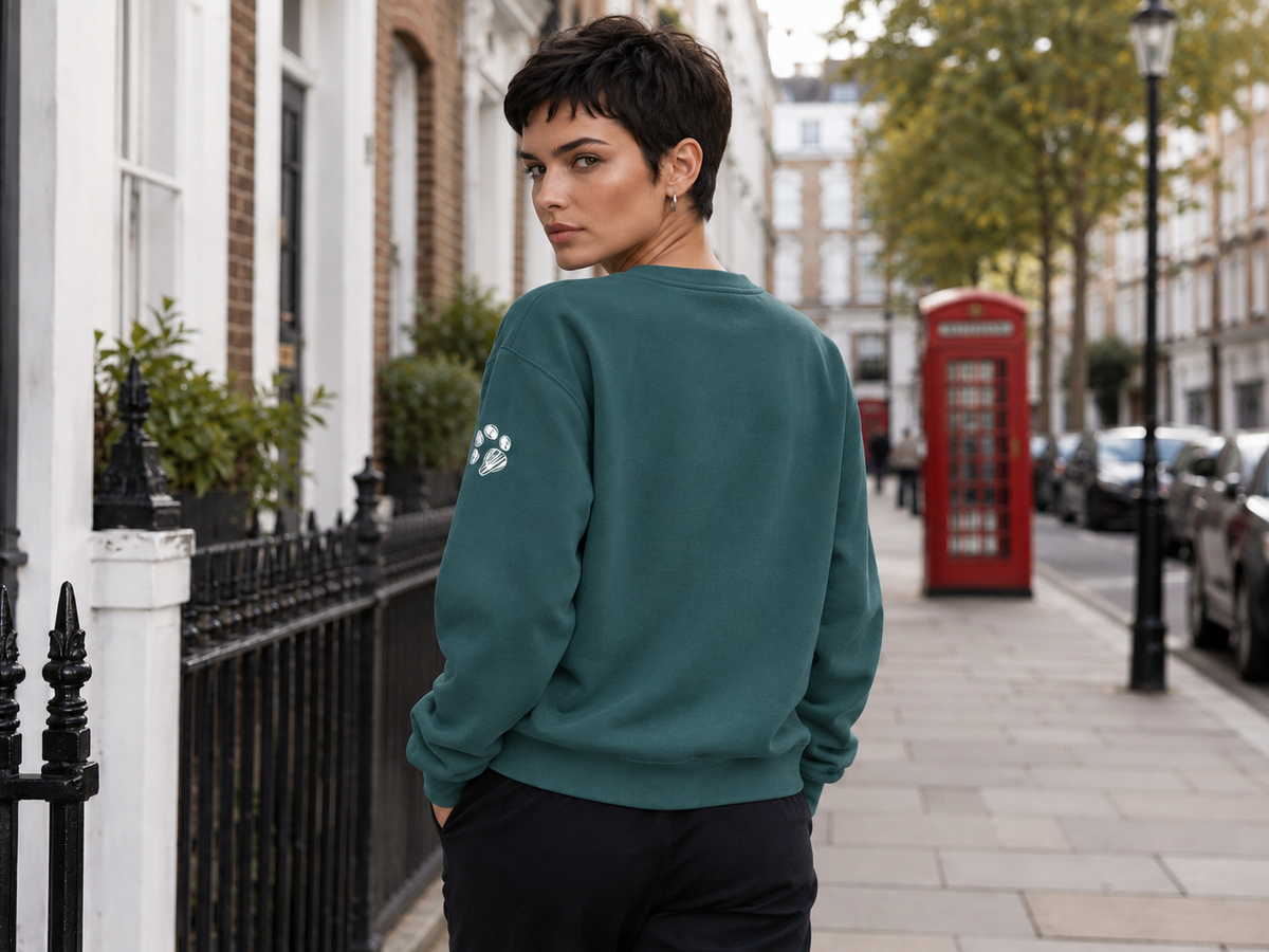WALKING THE DOG Crew Sweatshirt — Front Artwork & Paw Sleeve