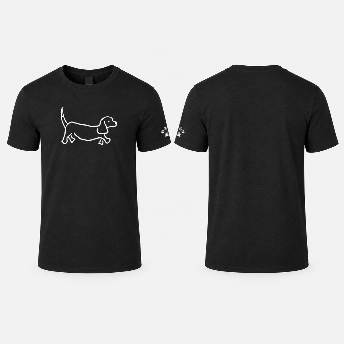 WALKING THE DOG T-Shirt — Front Artwork & Paw Print Sleeve