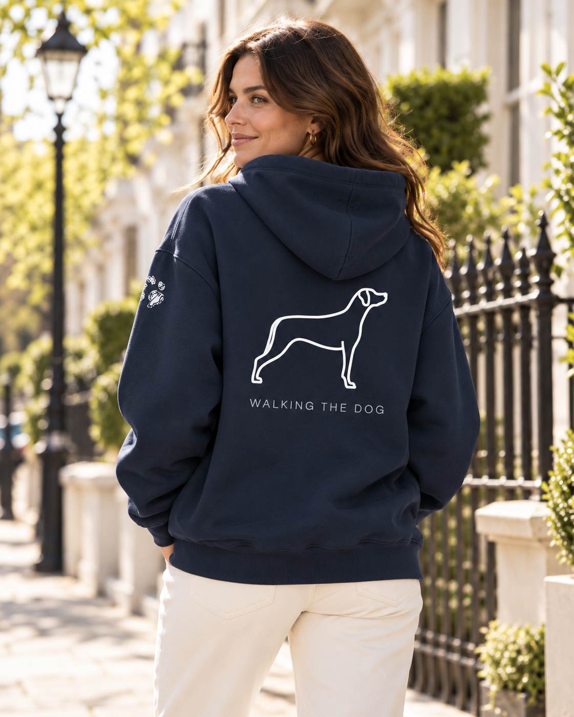 Custom-Made WALKING THE DOG Oversized Hoodie — Front & Back | Paw Print Option