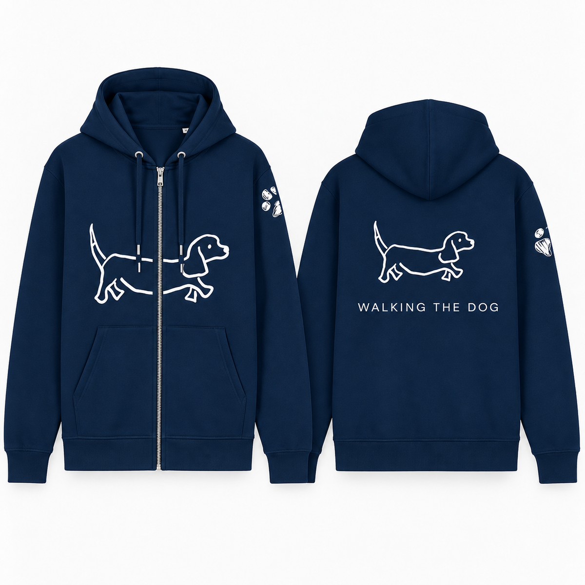 Ready To Wear WALKING THE DOG Full-Zip Hoodie — Front & Back | Paw Print Option
