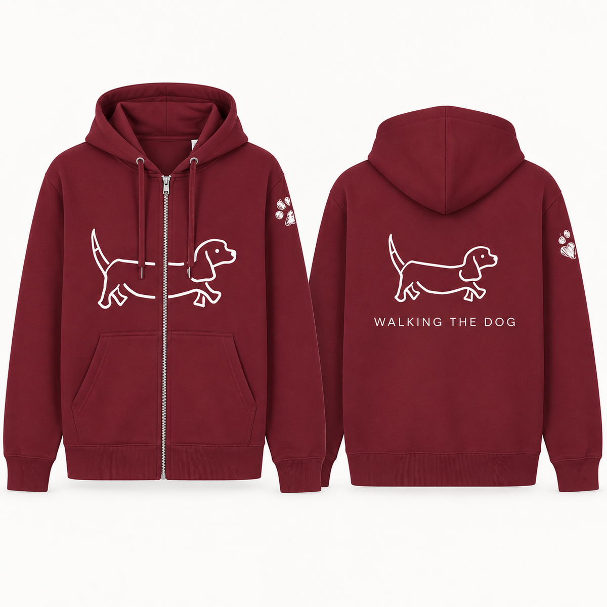 Ready To Wear WALKING THE DOG Full-Zip Hoodie — Front & Back | Paw Print Option