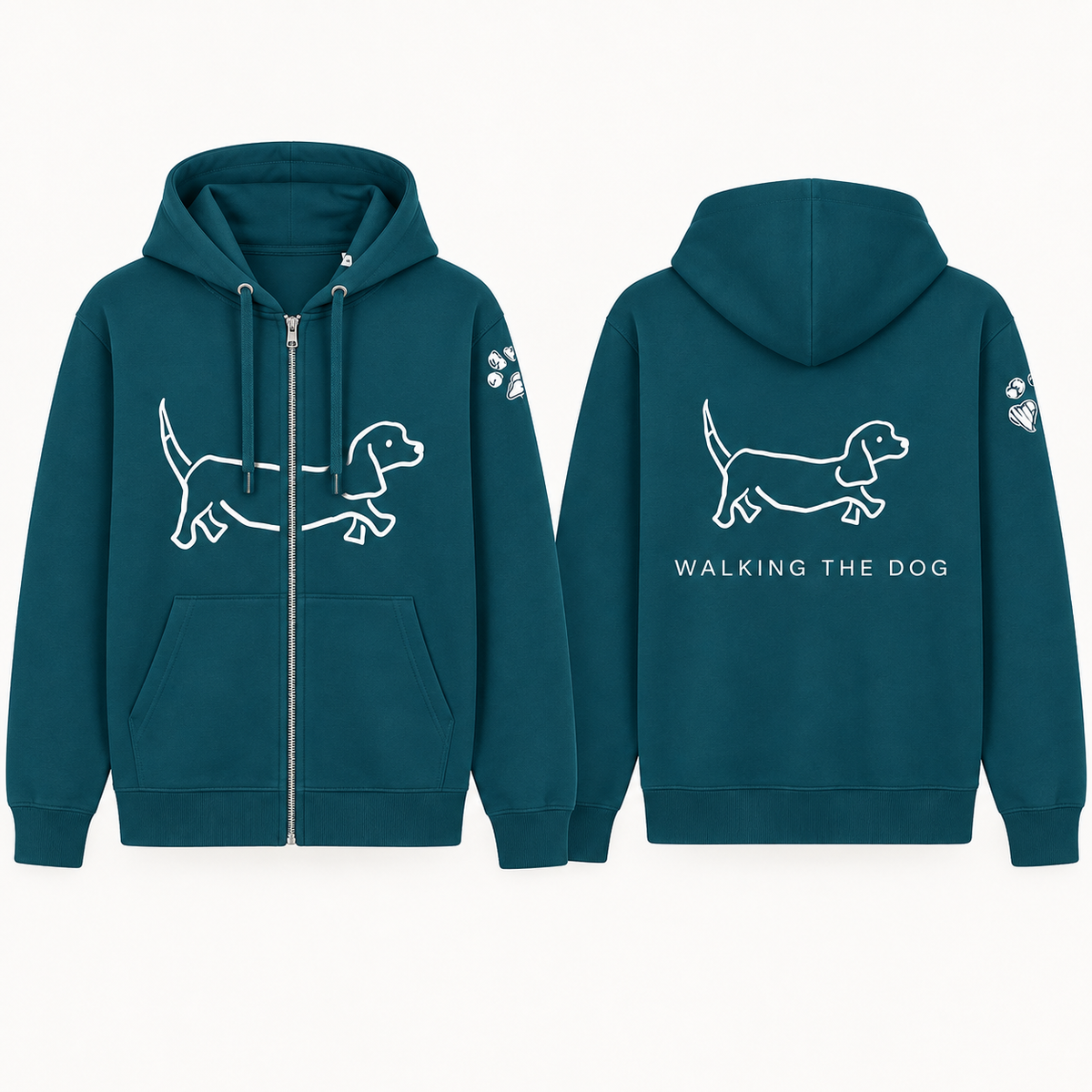 Ready To Wear WALKING THE DOG Full-Zip Hoodie — Front & Back | Paw Print Option
