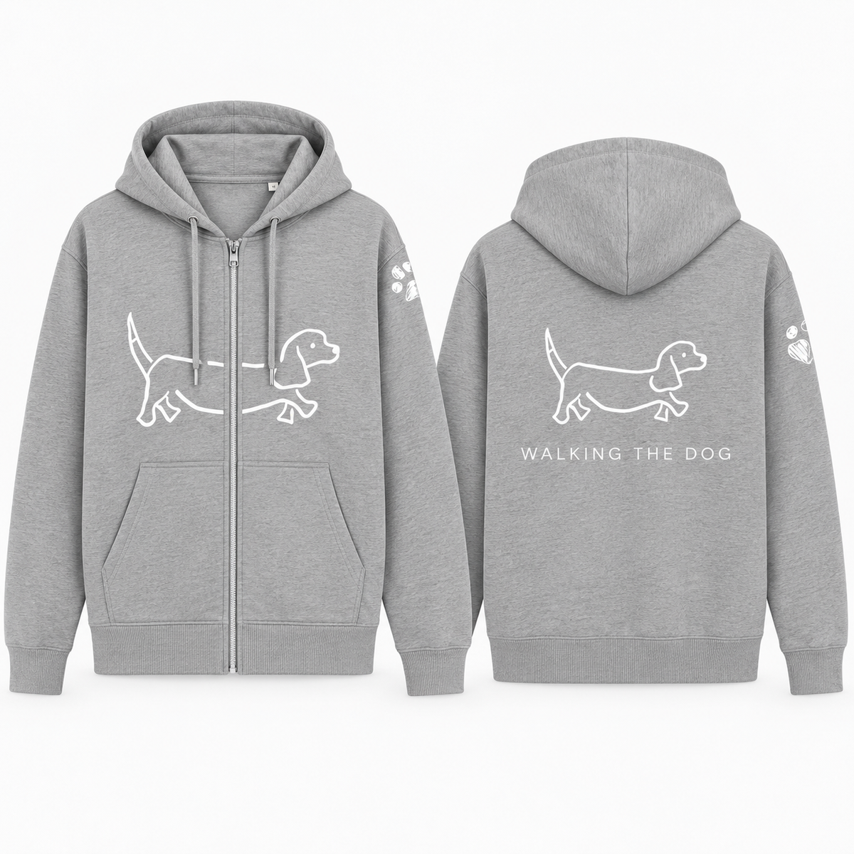Ready To Wear WALKING THE DOG Full-Zip Hoodie — Front & Back | Paw Print Option