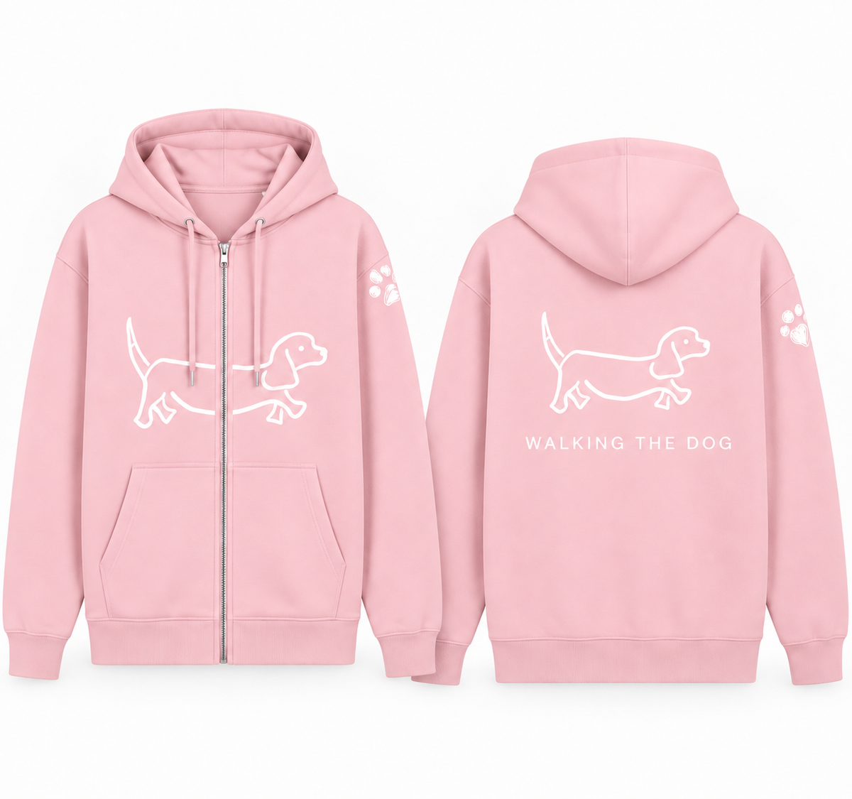 Ready To Wear WALKING THE DOG Full-Zip Hoodie — Front & Back | Paw Print Option