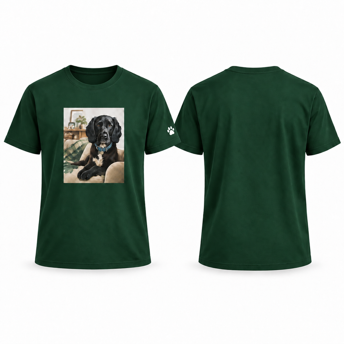 Custom-Made Pet Portrait T-Shirt — A4 Front + Paw Sleeve