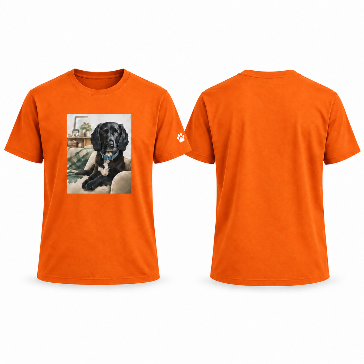 Custom-Made Pet Portrait T-Shirt — A4 Front + Paw Sleeve