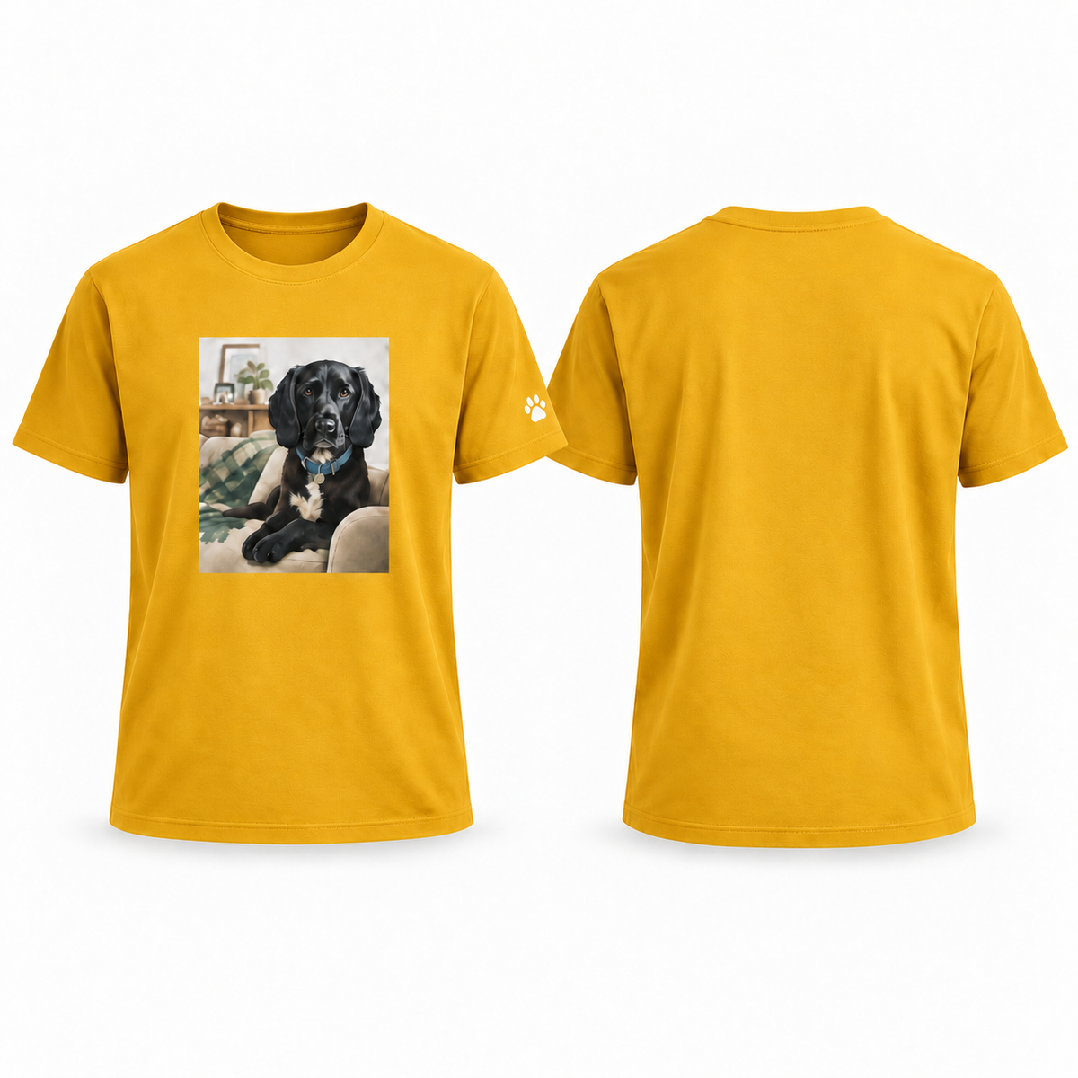 Custom-Made Pet Portrait T-Shirt — A4 Front + Paw Sleeve