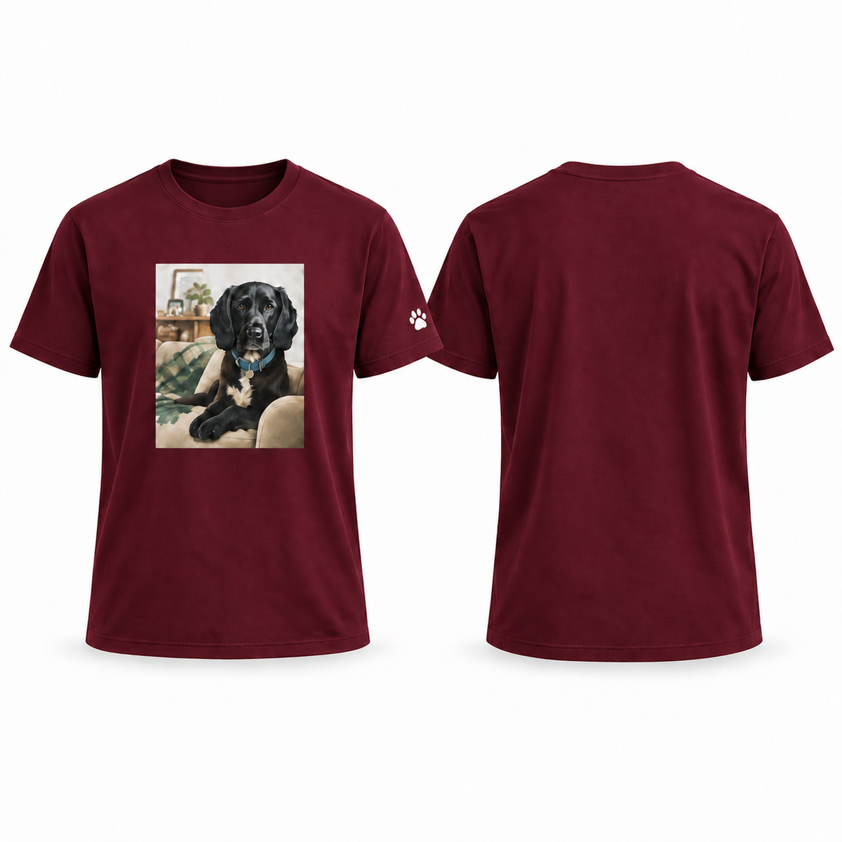 Custom-Made Pet Portrait T-Shirt — A4 Front + Paw Sleeve