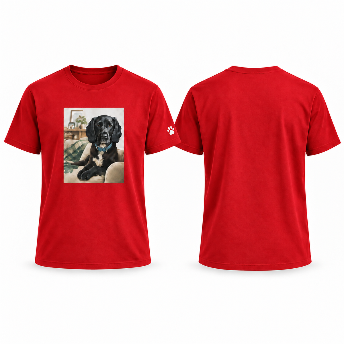 Custom-Made Pet Portrait T-Shirt — A4 Front + Paw Sleeve