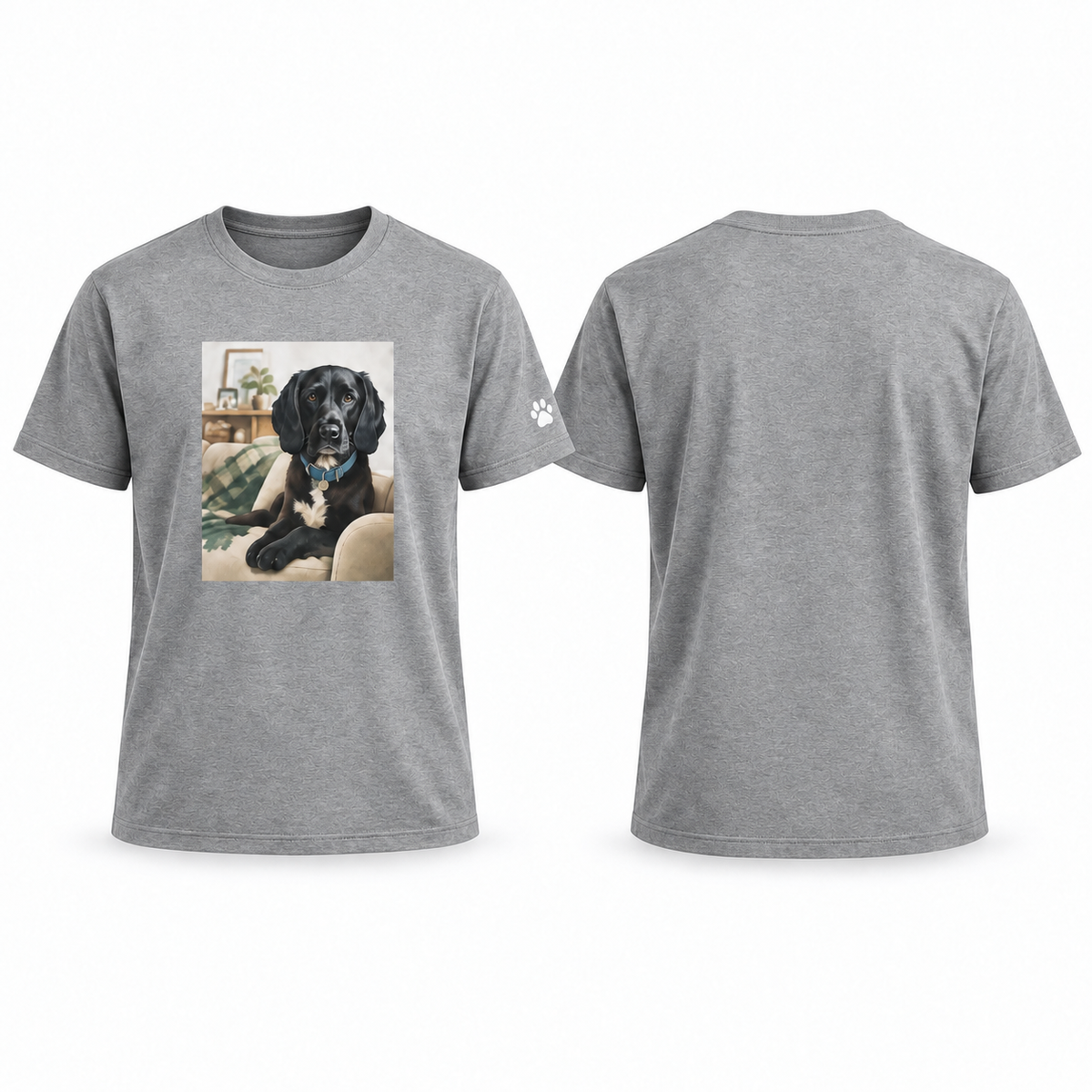 Custom-Made Pet Portrait T-Shirt — A4 Front + Paw Sleeve