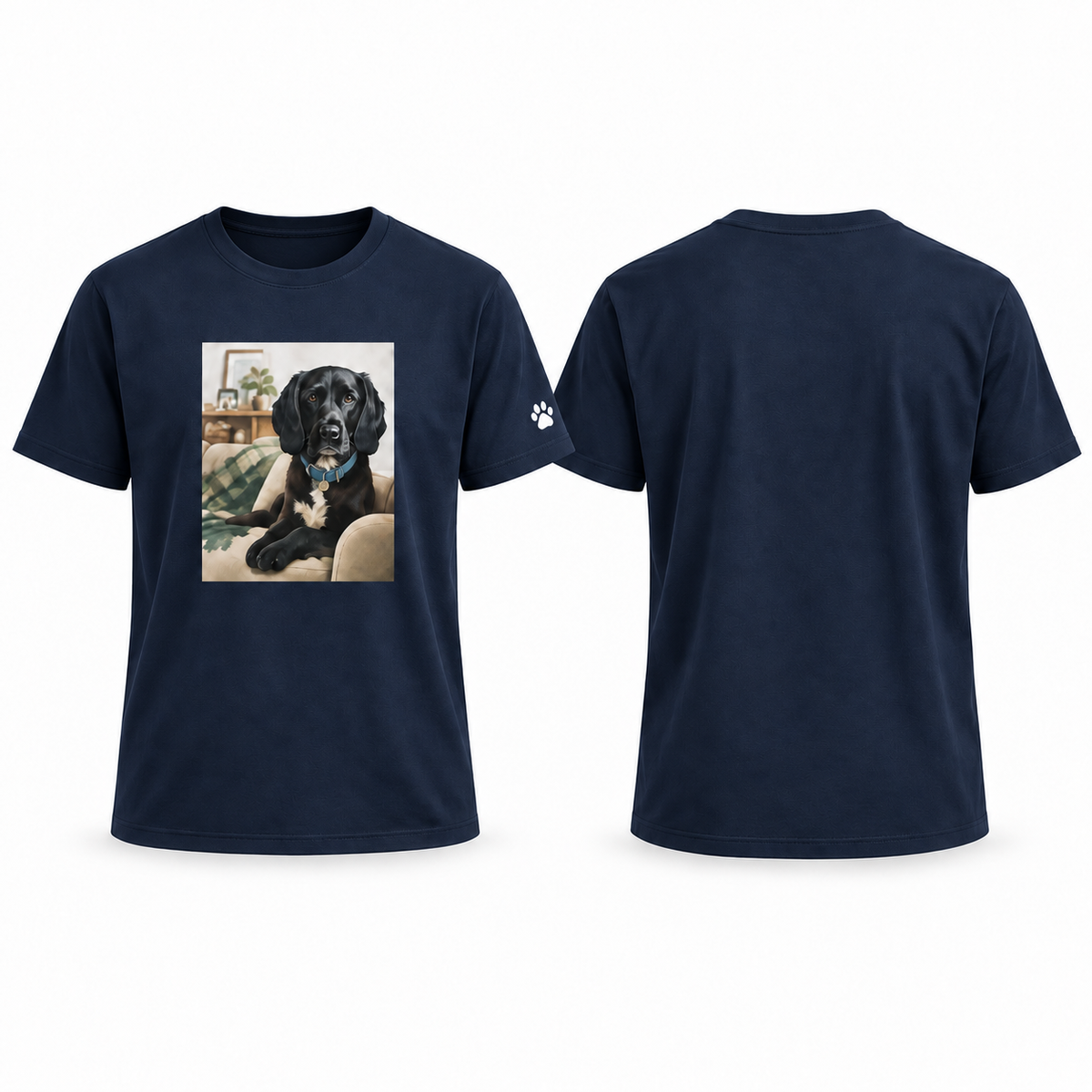 Custom-Made Pet Portrait T-Shirt — A4 Front + Paw Sleeve