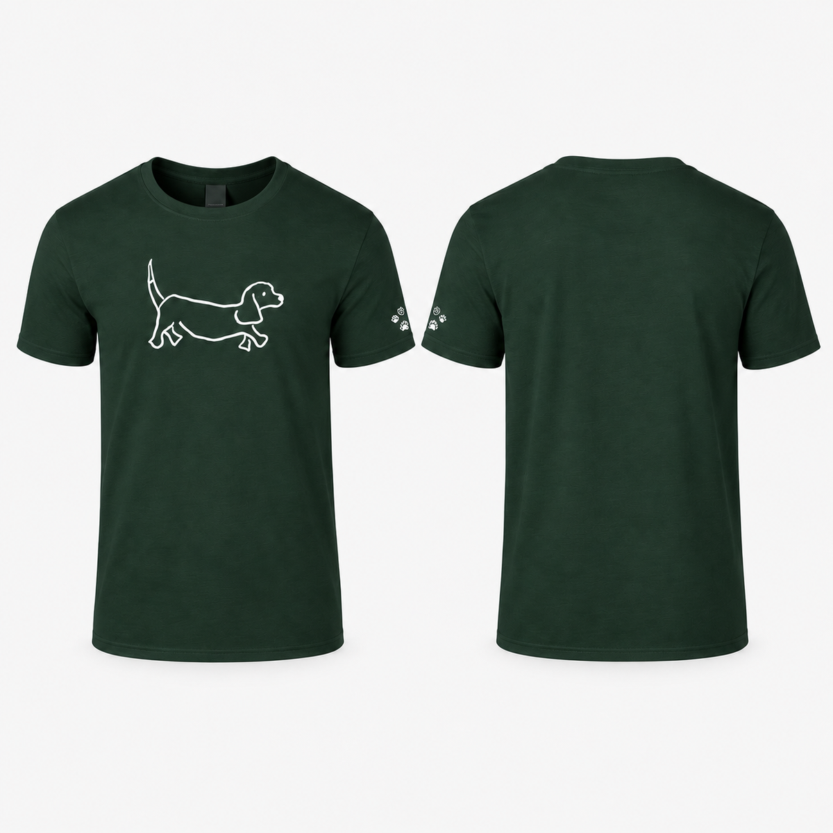 WALKING THE DOG T-Shirt — Front Artwork & Paw Print Sleeve