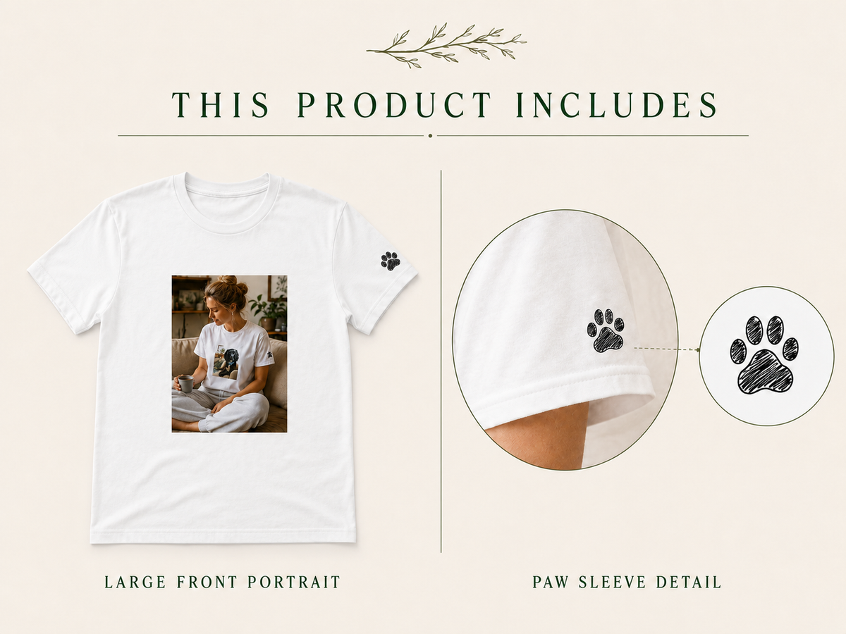 Custom-Made Pet Portrait T-Shirt — A4 Front + Paw Sleeve image 3