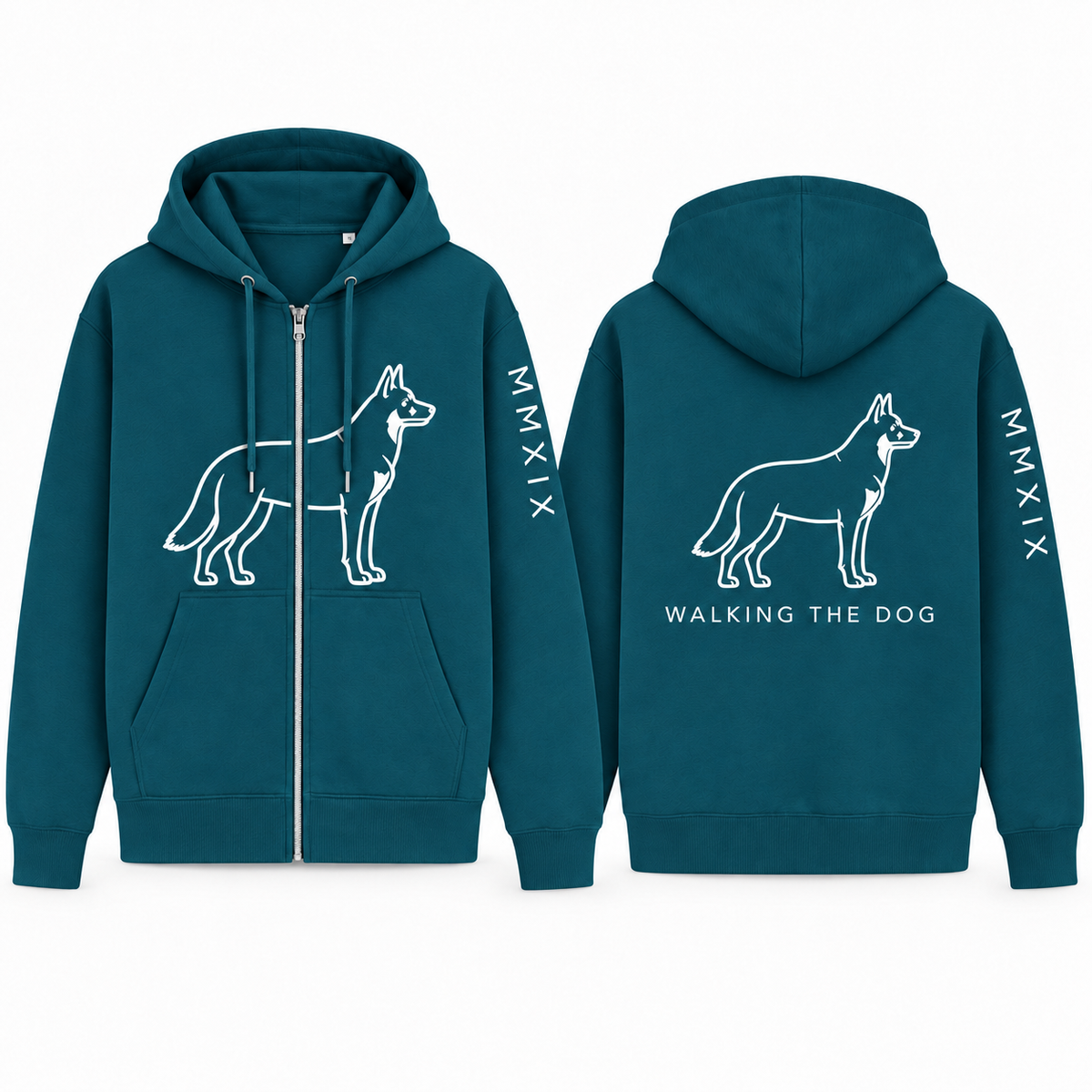 Custom-Made WALKING THE DOG Full-Zip Hoodie | A4 Front & Back + Paw Sleeve
